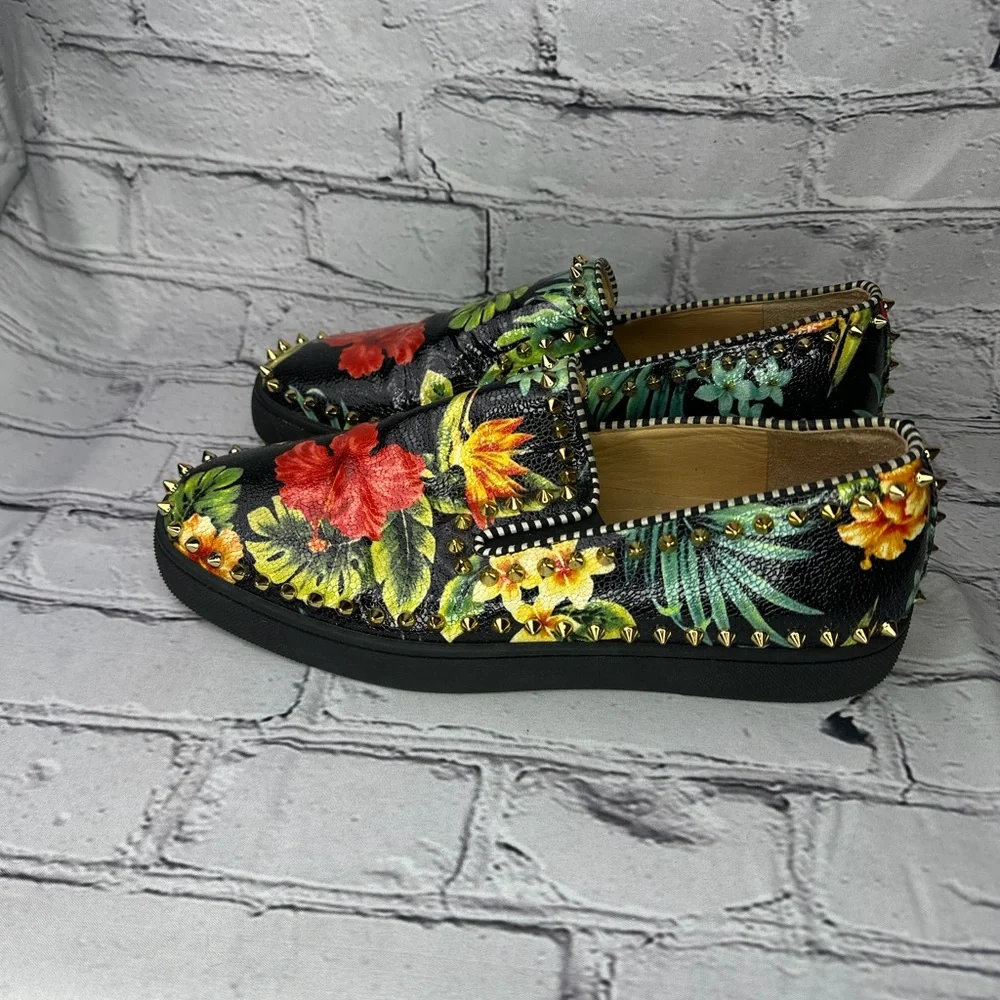 Christian Louboutin Men’s Hawaii Pik Boat Black Spiked Floral Slip-ons Size